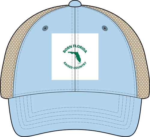 Born Florida • Raised Country Women's Distressed Trucker Hat (Embroidered Patch)